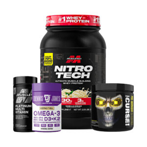 MuscleTech Nitro-Tech + JNX Sports The Curse + Platinum Multivitamin + Dennis James Omega-3 – Complete Fitness Stack